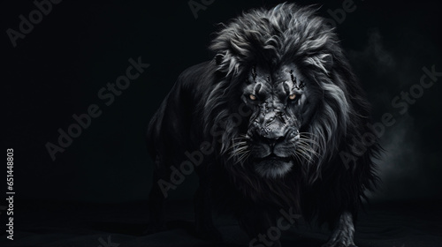 The grayscale shot of the lion with a human body in black background © UsamaR