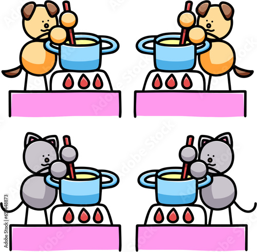 鍋料理をするわんまるとにゃんまるのイラストセット　犬　猫
