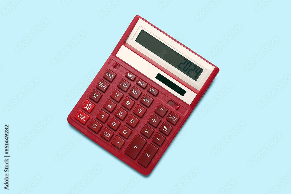 Calculator with number 2024 on blue background Calculator with number 2024 on blue background