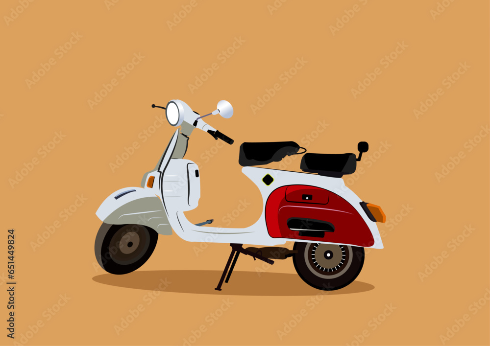 Vector illustration of side view of vintage white and red moped scooter.
