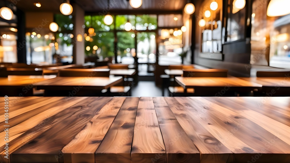 Wooden table top on restaurant bokeh background. Generative AI Wooden table top on restaurant bokeh background. Generative AI