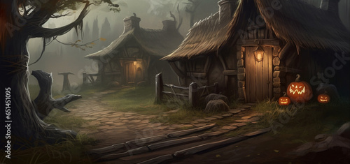 Halloween scene. An abandoned village with old village houses and carved pumpkins.