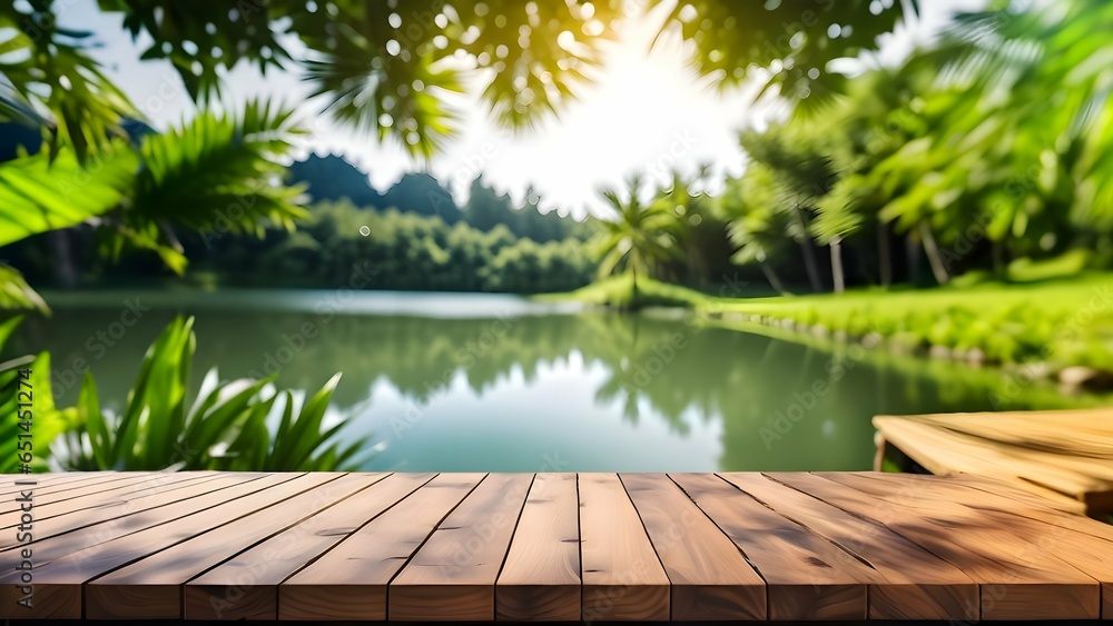 Wooden bridge over the lake with full of greenery bokeh background. Generative AI 