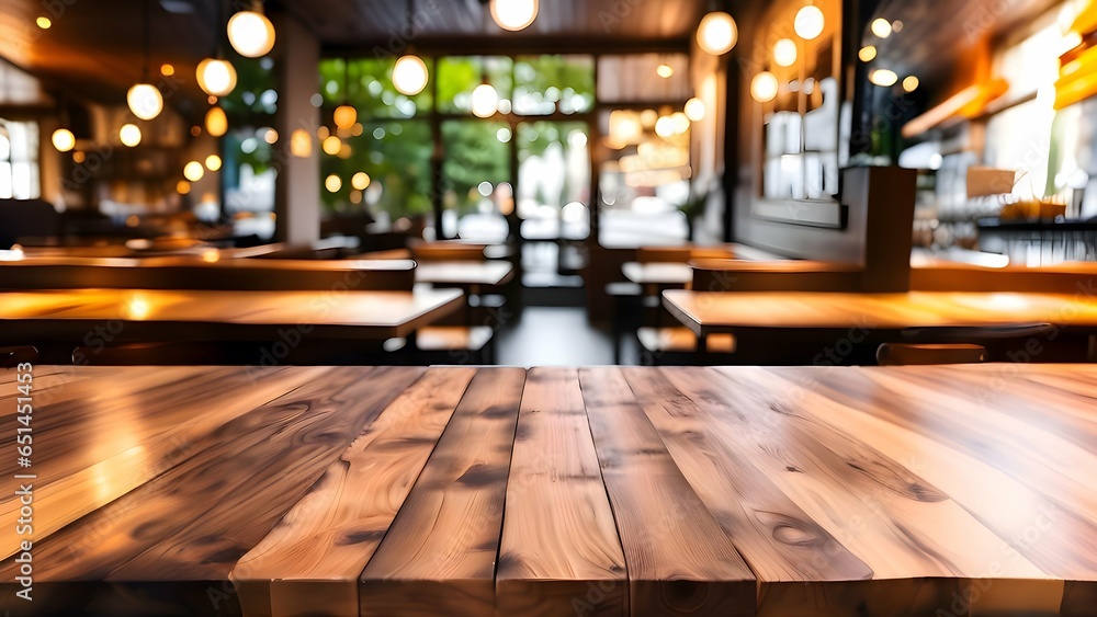 Wooden table top on restaurant bokeh background. Generative AI 