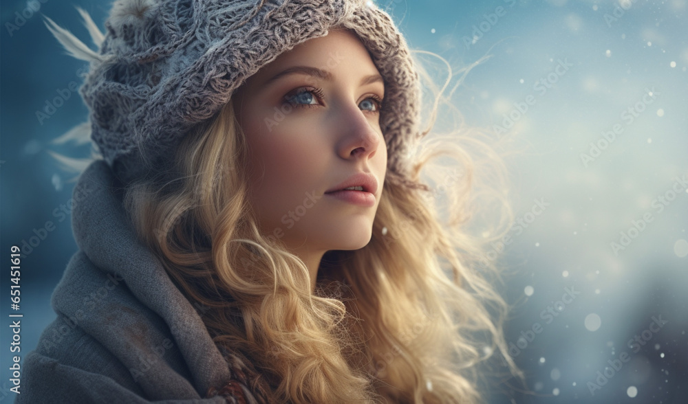 雪が降る中上を見上げる女性 雪が降る中上を見上げる女性