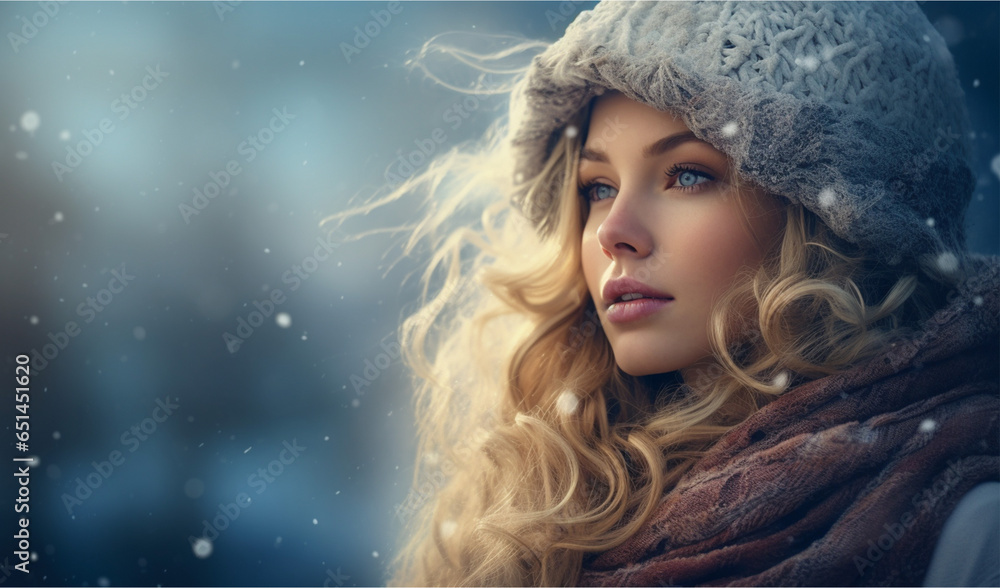 雪が降る中上を見上げる女性 雪が降る中上を見上げる女性