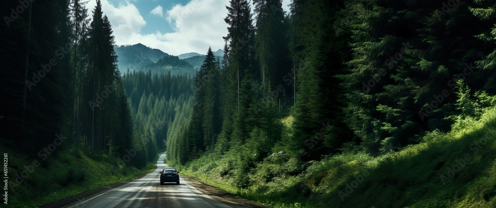 Mountain road drive in greenery. Driving through a green conifer pine forest. - obrazy, fototapety, plakaty 