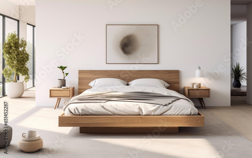 A bedroom adorned with a Scandinavian platform bed, crisp white bedding, and a wall-mounted floating nightstand. Generative AI