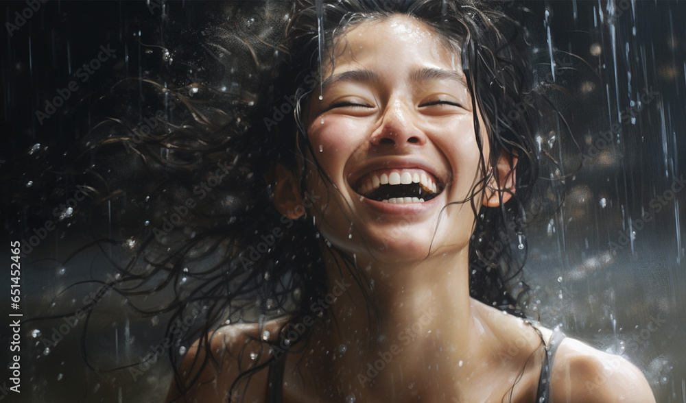 Obraz premium 水しぶきとスポーティーな笑顔の女性