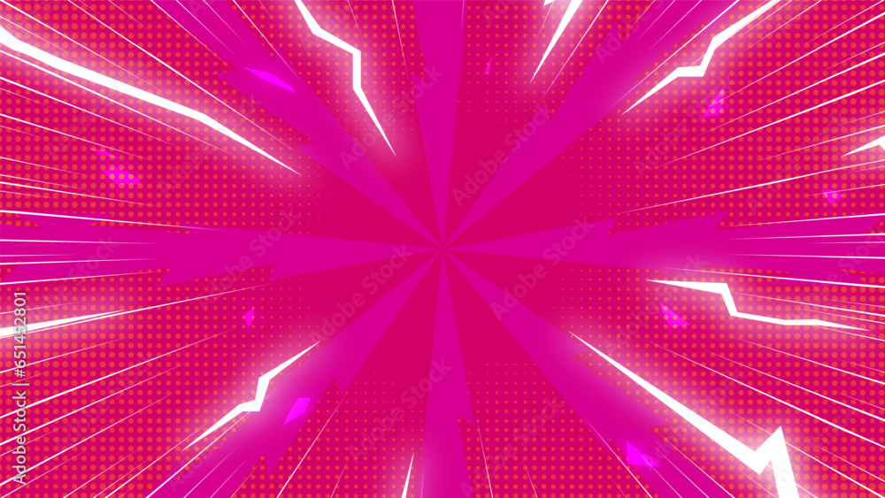 Fototapeta premium Comic pink Background With Power Fx/ Illustration of a powerful comics like page layout background with rays and halftone dots
