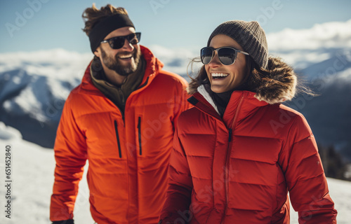 雪山で笑い合うカップル