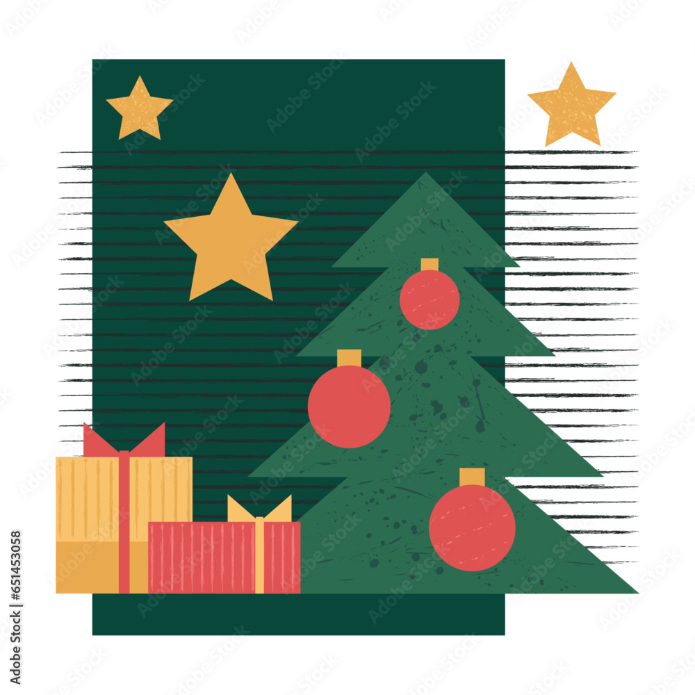Abstract New Year card, banner with Christmas tree with decorative toys, gift boxes, and stars. Geometric holiday poster with decorated presents and fir tree. Vector flat isolated illustration Abstract New Year card, banner with Christmas tree with decorative toys, gift boxes, and stars. Geometric holiday poster with decorated presents and fir tree. Vector flat isolated illustration