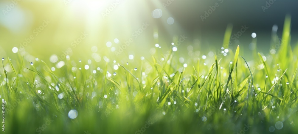 grass sunlight spring summer with dew, ai - obrazy, fototapety, plakaty 