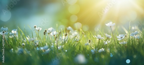 grass sunlight spring summer with dew, ai