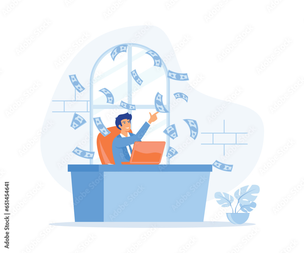 Passive income. Man relaxing in front of computer while money raining down. Financial freedom, flat vector modern illustration