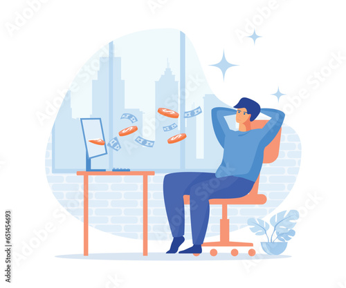 Passive income concept, businessman relax in chair while coins fly out of the computer. Easy money, flat vector modern illustration