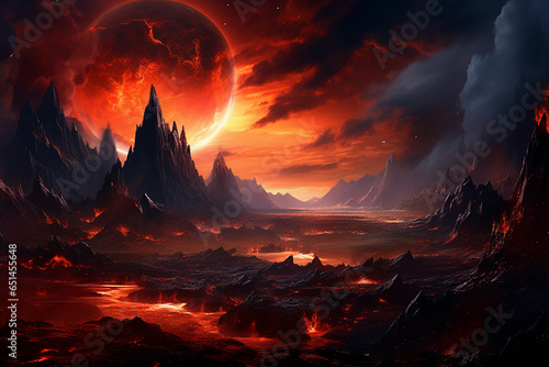 an image of a fiery landscape with mountains and lava © Rehman