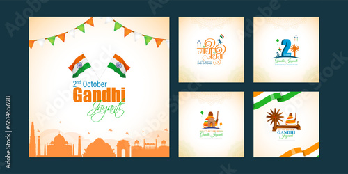 Vector illustration of Happy Gandhi Jayanti social media feed set template