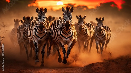  a herd of zebras running across a dirt field at sunset.  generative ai
