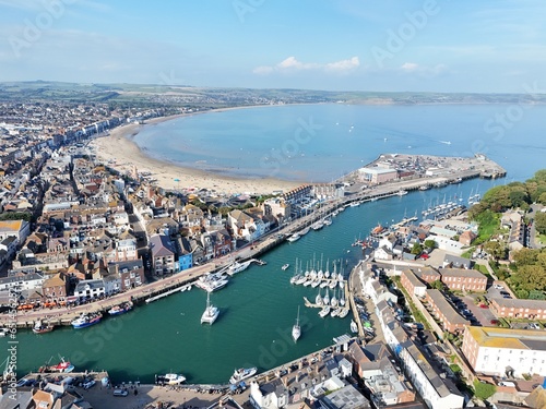 Weymouth Harbour Dorset UK  establishing aerial shot photo