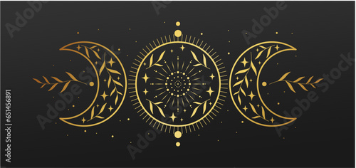 Golden moon phases print. Mystical gold lunar phase tattoo. Elegant illustration.