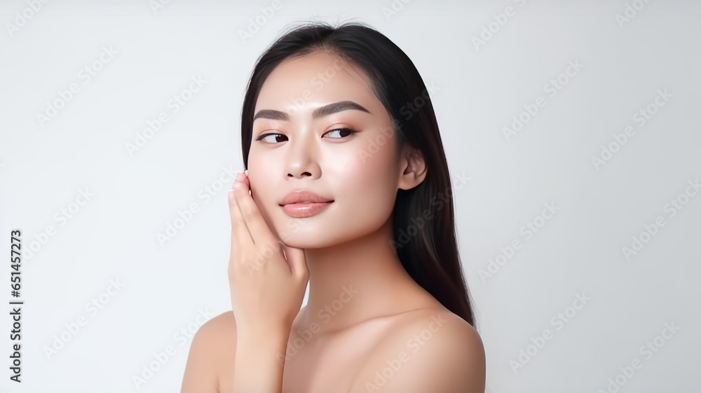 A beautiful asian female model, one hand stroking her cheek, on a white background. A beautiful asian female model, one hand stroking her cheek, on a white background.