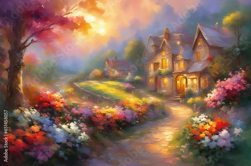 A small house surrounded by flowers, a summer landscape, an artistic watercolor style illustration.