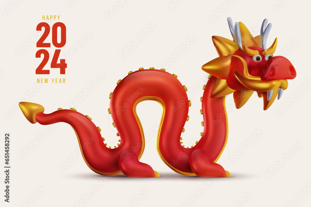 3d cute chinese red dragon in cartoon realistic style. Funny festive traditional character concept design for background banner, cover. Holiday art element or symbol new year. Vector illustration. 3d cute chinese red dragon in cartoon realistic style. Funny festive traditional character concept design for background banner, cover. Holiday art element or symbol new year. Vector illustration.