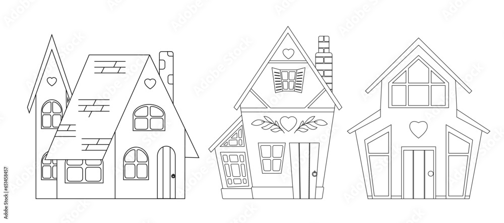 Set of vector outline illustrations of country houses. Collection of contour cute rural buildings