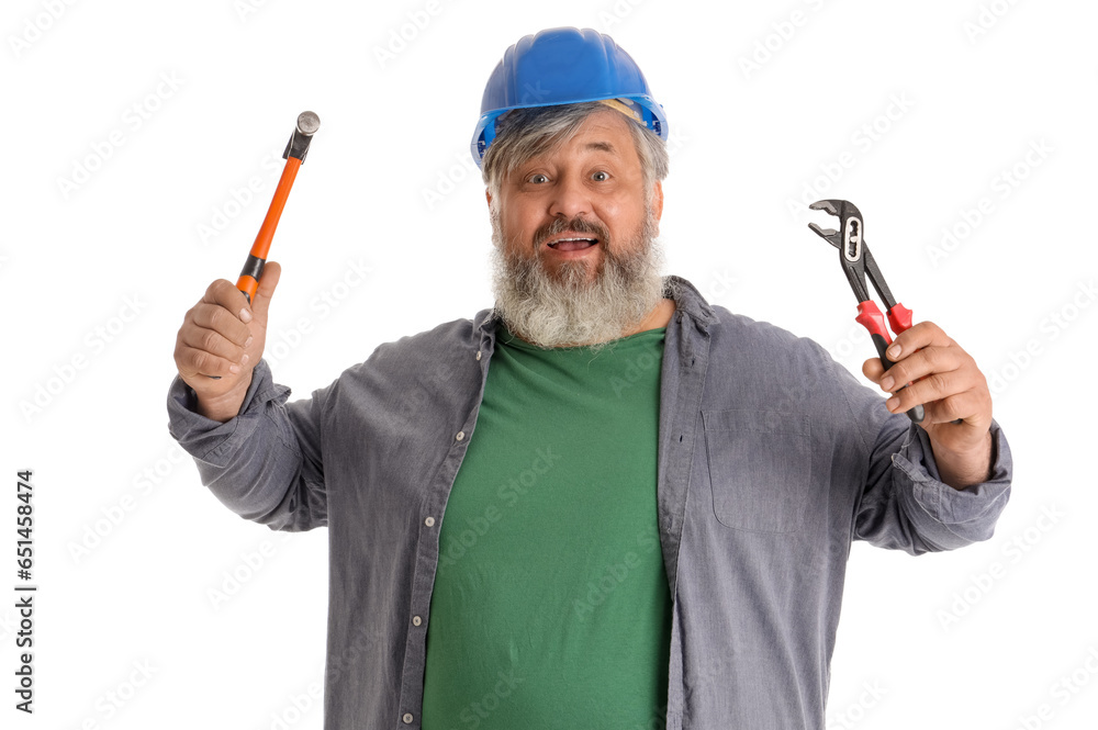 Portrait of senior man in hardhat with hammer and pincers isolated on white background. Labor Day celebration