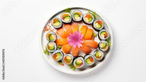 Sushi rolls on a dish Viewed from above, the vivid hues of the various fish and vegetables stand out.