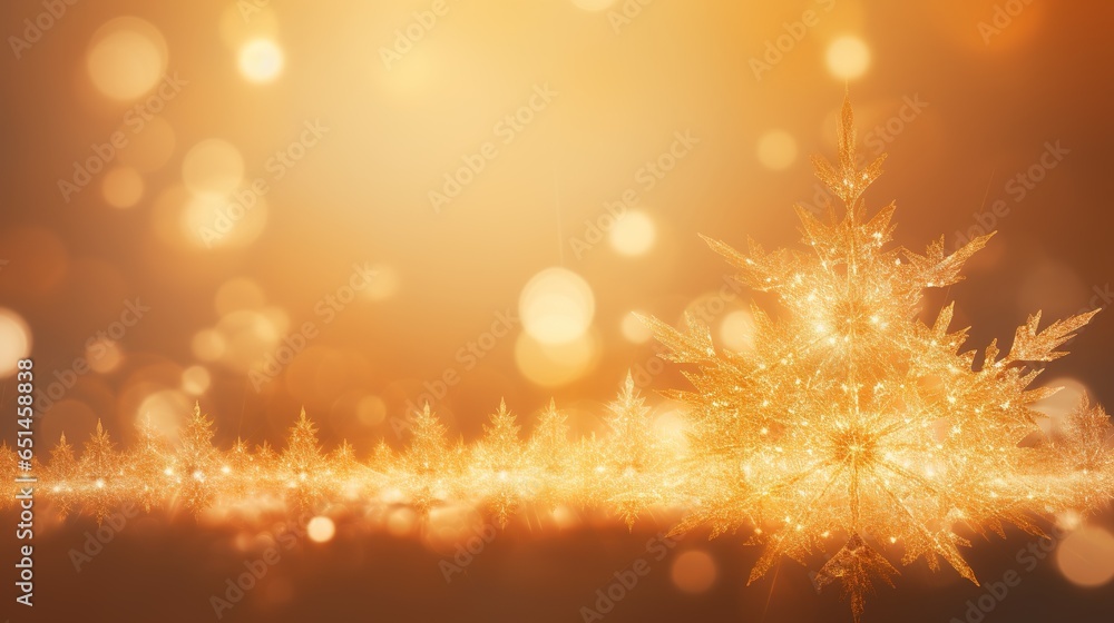 Golden luxury Christmas background with gold glitter, glasses decor snowflakes and Christmas tree.