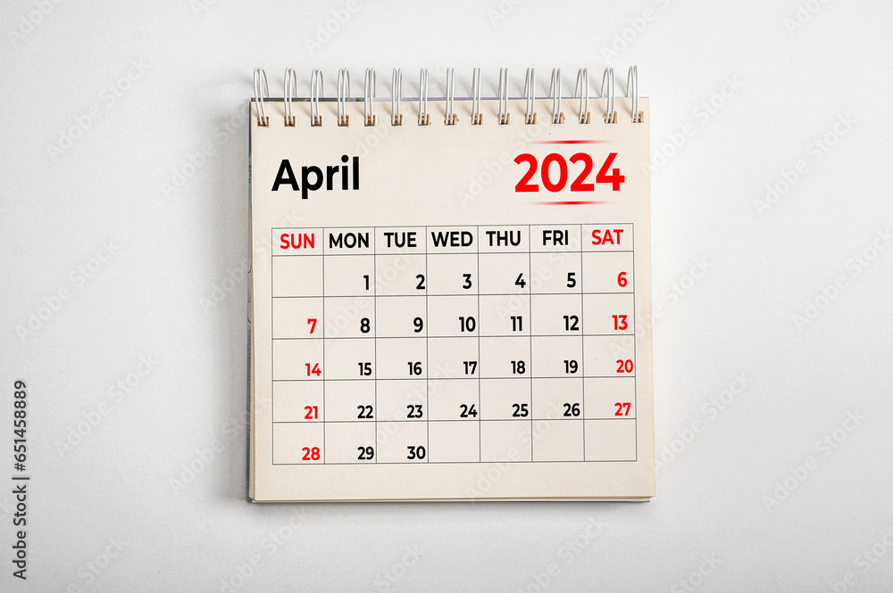 April 2024. One page of annual business monthly calendar on white background. reminder, business planning, appointment meeting and event - obrazy, fototapety, plakaty 