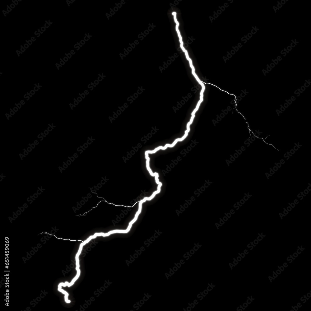 Powerful Cloud to Ground Lightning with thick main bolt and three small branches - Isolated on a Black Background Powerful Cloud to Ground Lightning with thick main bolt and three small branches - Isolated on a Black Background