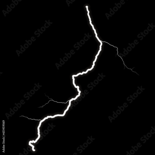 Powerful Cloud to Ground Lightning with thick main bolt and three small branches - Isolated on a Black Background