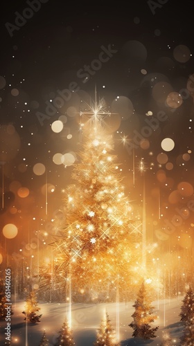 Golden luxury Christmas background with gold glitter, glasses decor snowflakes and Christmas tree.