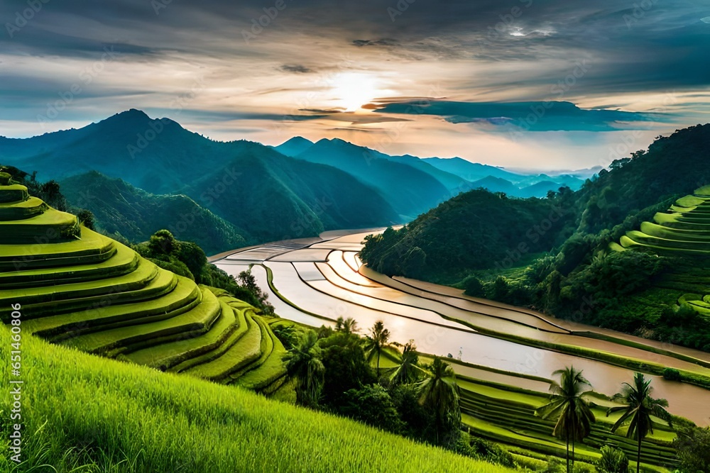 rice terraces in island landscape nature view background. view at a wonderful landscape nature view with rice terraces 