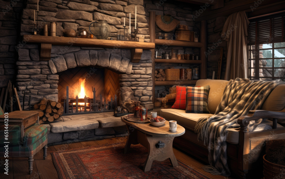 A cozy cabin living room with a stone fireplace, log walls, and cozy plaid blankets. Generative AI A cozy cabin living room with a stone fireplace, log walls, and cozy plaid blankets. Generative AI
