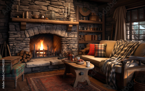 A cozy cabin living room with a stone fireplace, log walls, and cozy plaid blankets. Generative AI