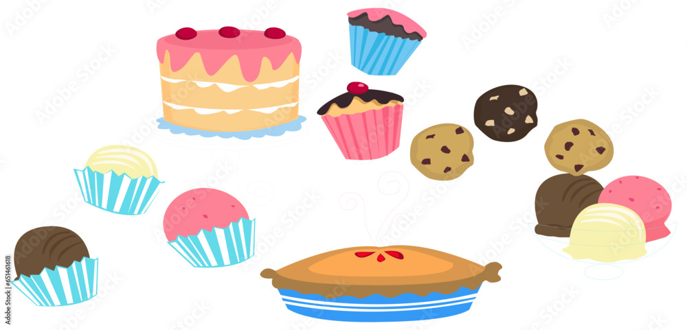 Set of Birthday Cakes. Birthday Party Elements.. Vector Isolated