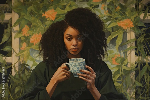 Thoughtful black woman with cup of drink photo