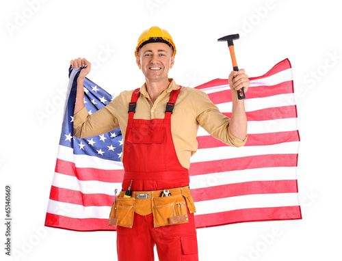 Mature worker with USA flag...