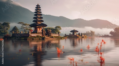 Pura Ulun Danu Bali  Hindu Temple at sunset  Generative AI