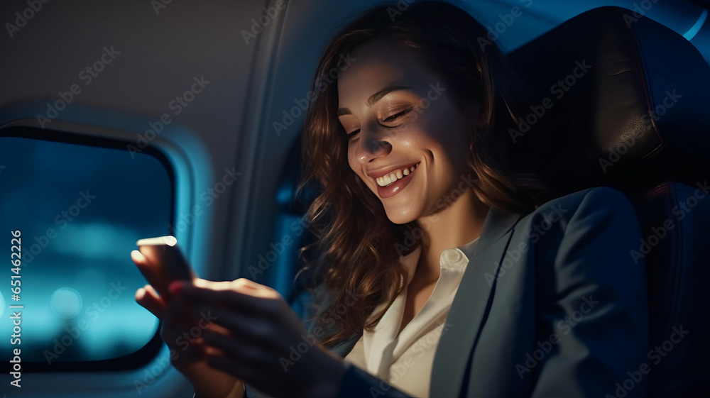 A Smiling female entrepreneur in suit using smartphone while sitting in an airplane.