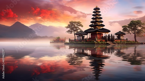 Pura Ulun Danu Bali, Hindu Temple at sunset, Generative AI