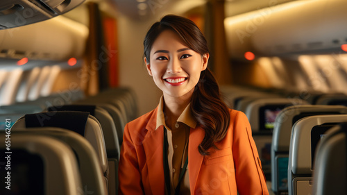 Asian female airplane stewardess interior of passenger plane. © JKLoma