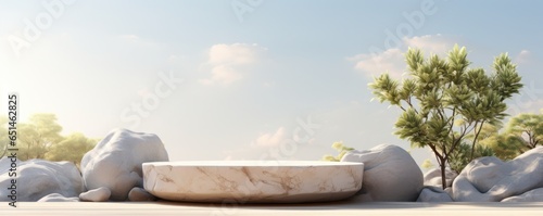 Stone podium with beautiful landscape background  tropical scene light mockup for product display or showcase