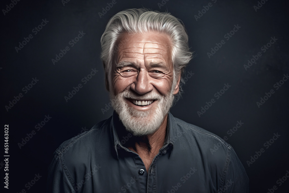 An elderly gentleman is smiling contentedly in a portrait.