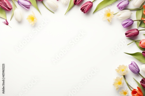 Lovely spring flowers and leaves on white background