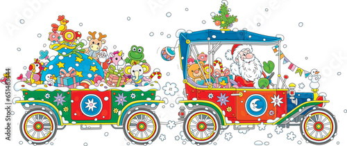 Christmas and New Year card with Santa Claus driving his colorful small retro car and a trailer full of holiday gifts, toys and sweets for little kids, vector cartoon illustration on white